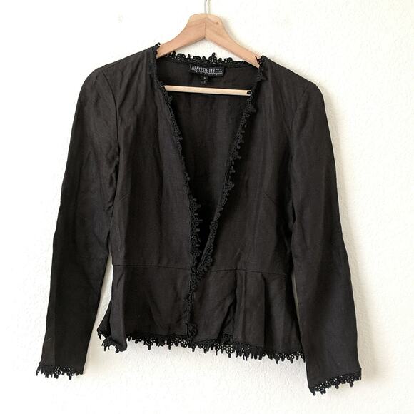 Lafayette 148 NY Black Open Linen Peplum Fringed Cardigan Embroidered Lace 6 6P - Picture 1 of 6